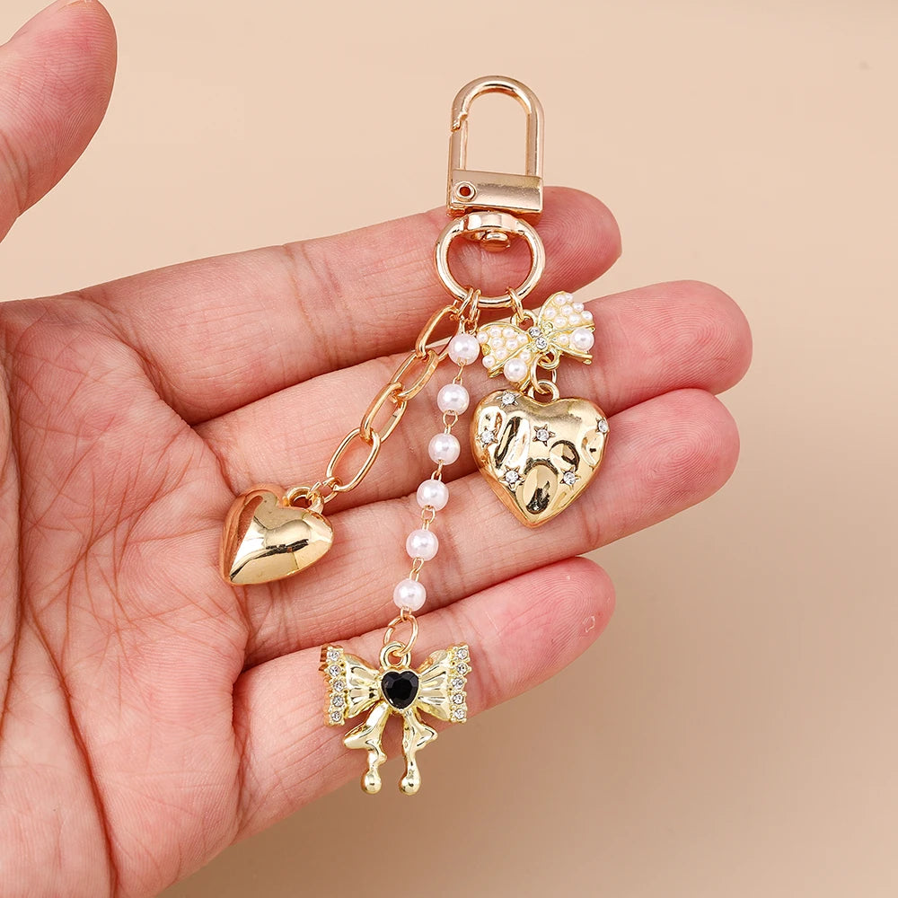 Cute Bowknot Love Heart Keychain Crystal Pearl Key Ring Pendants for Women Girls Handbag Decor DIY Handmade Key Chain Gifts