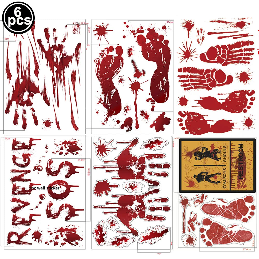 Halloween Wall Stickers – Blood Handprint, Footprint & Skull Decor