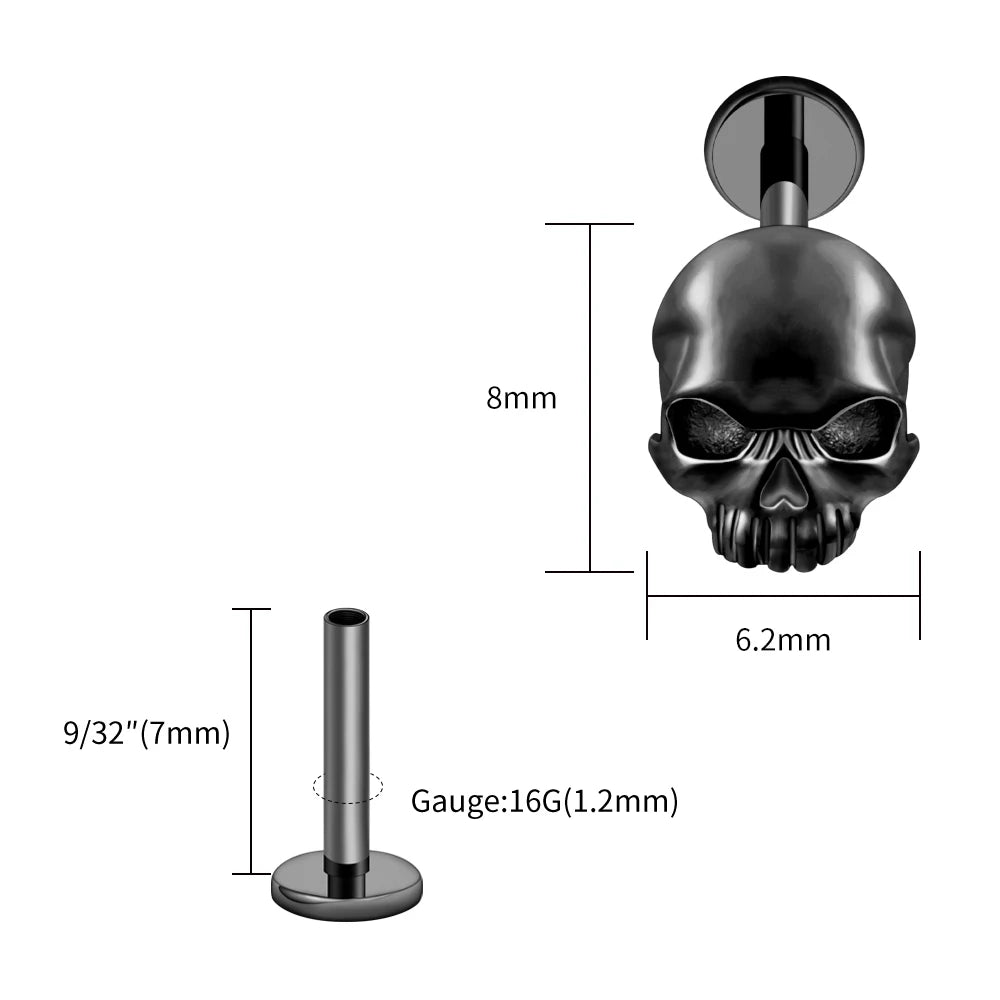 Right Grand ASTM F136 Titanium Skull Tragus Piercing 16G Skeleton Cartilage Helix Stud Earring Gothic Halloween Jewelry