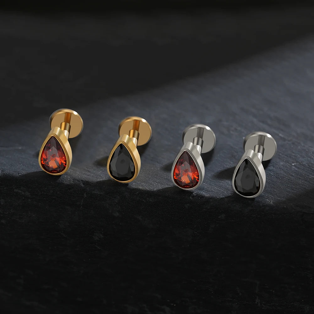 Titanium Labret Stud Teardrop Garnet CZ Cartilage Earring