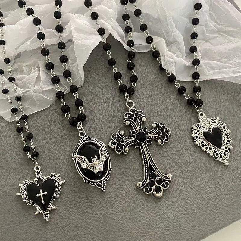 Gothic Bat Necklace Cross Pendant Y2K Black Bead Jewelry