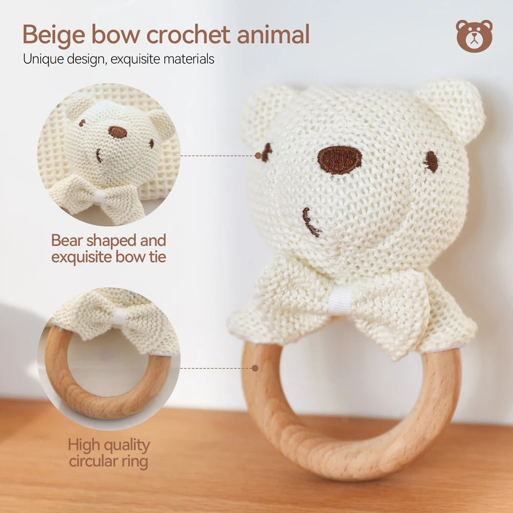 Baby Rattle Toy – Wooden Crochet Bear Teether for Newborns