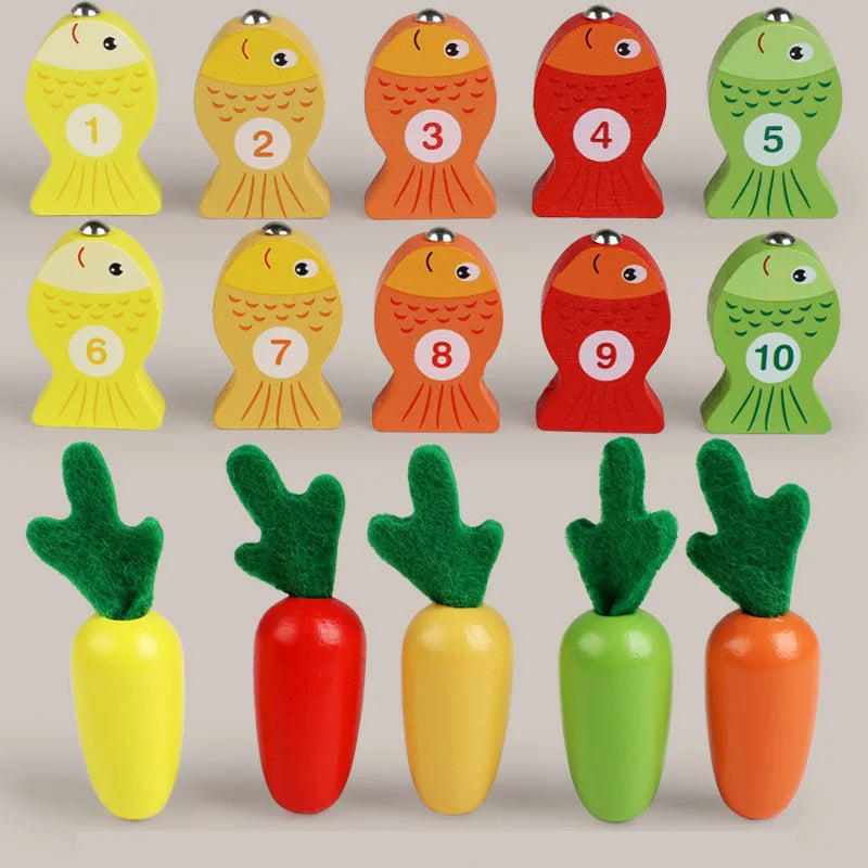 Montessori Toddler Toy – Wooden Carrot Pulling & Fishing Game Set