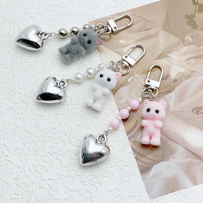 Cat Keychain, Cute Flocked 3D Cat Bag Charm for Phone and Car Keys