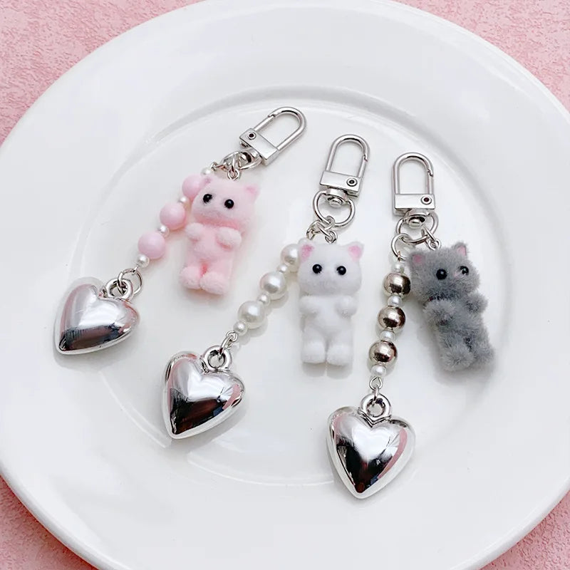 Cat Keychain, Cute Flocked 3D Cat Bag Charm for Phone and Car Keys