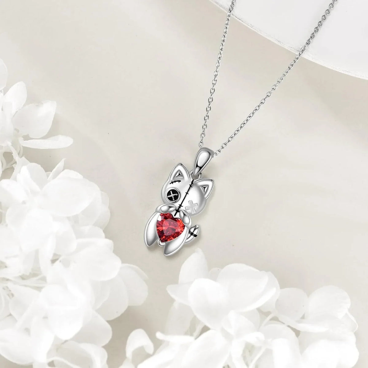Cat Voodoo Doll Necklace for Women Red Heart Halloween Jewelry