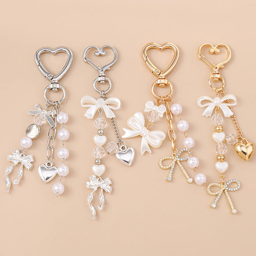 Cute Bowknot Love Heart Keychain Crystal Pearl Key Ring Pendants for Women Girls Handbag Decor DIY Handmade Key Chain Gifts