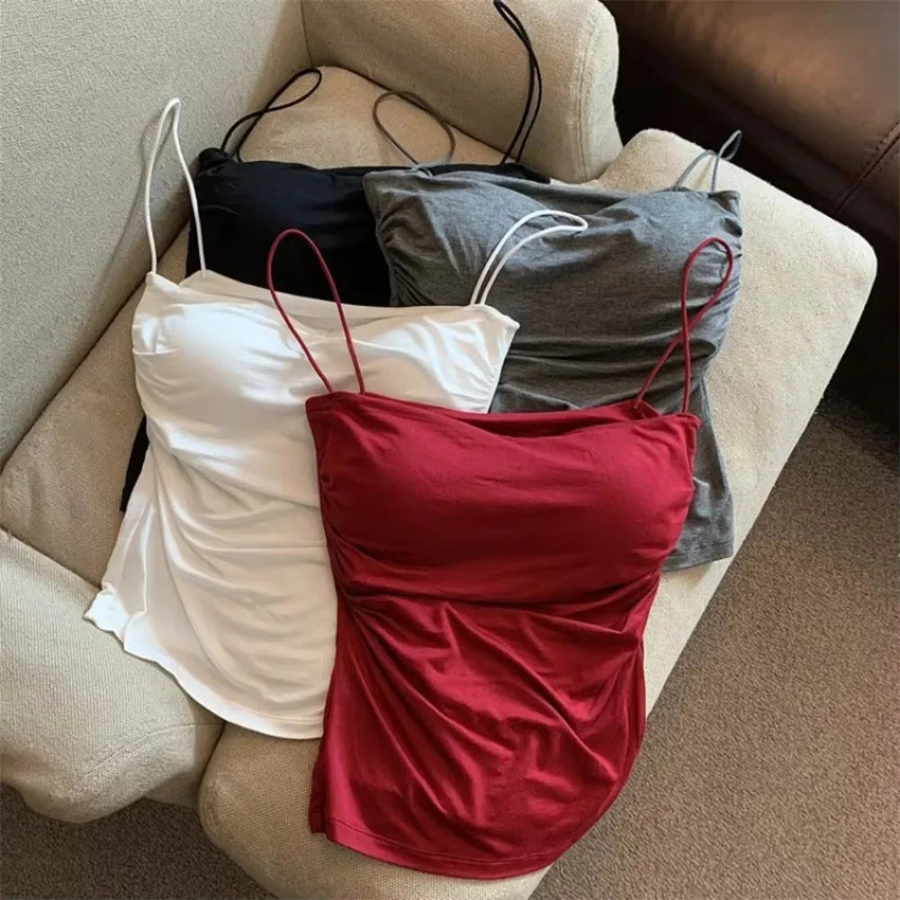 1 PC Stylish Waist Pleated Corset - Soft support fixed chest pad sleeveless vest Sexy short top with thin straps Solid color