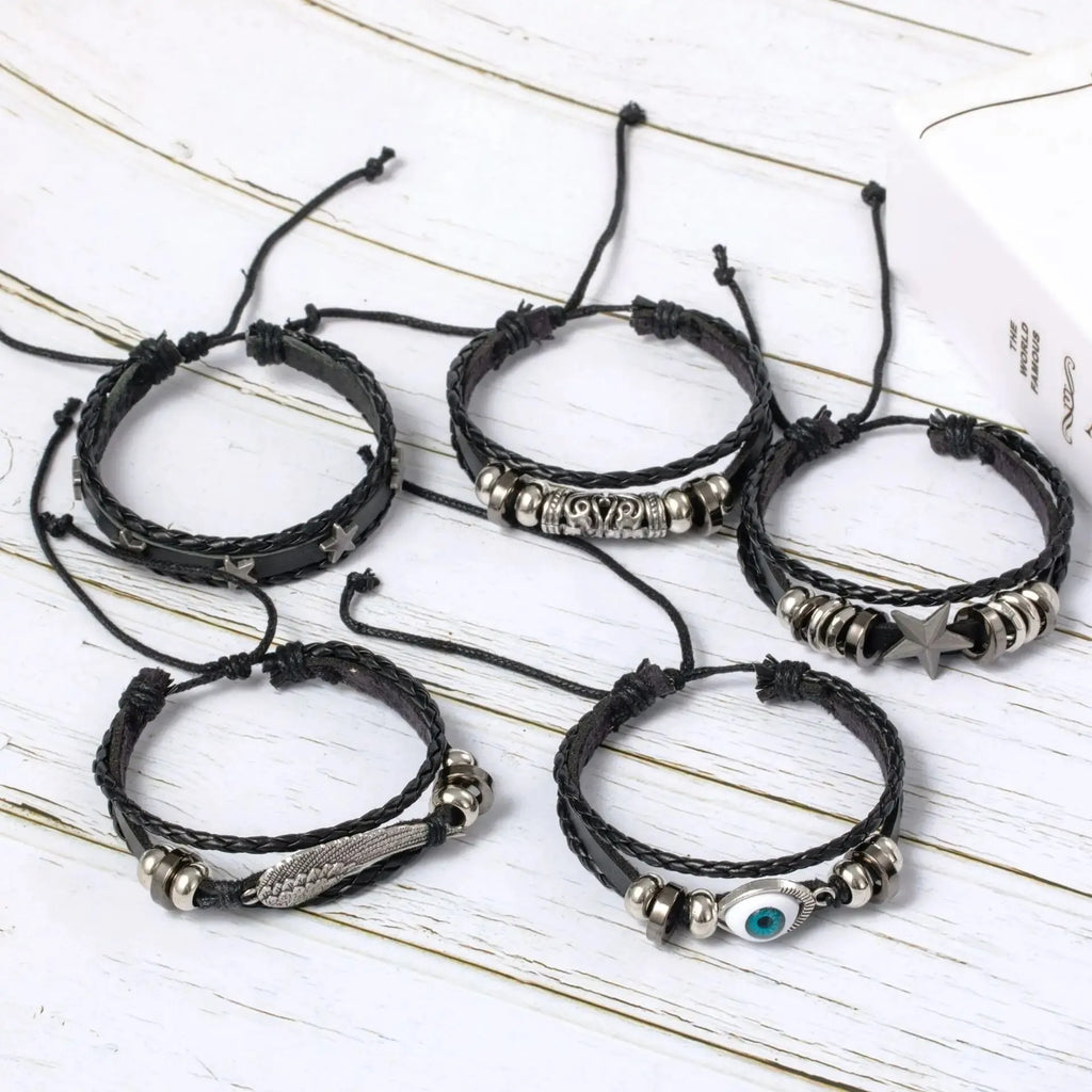Evil Eye Bracelet Set 5pcs Wing Star Punk Leather Beaded