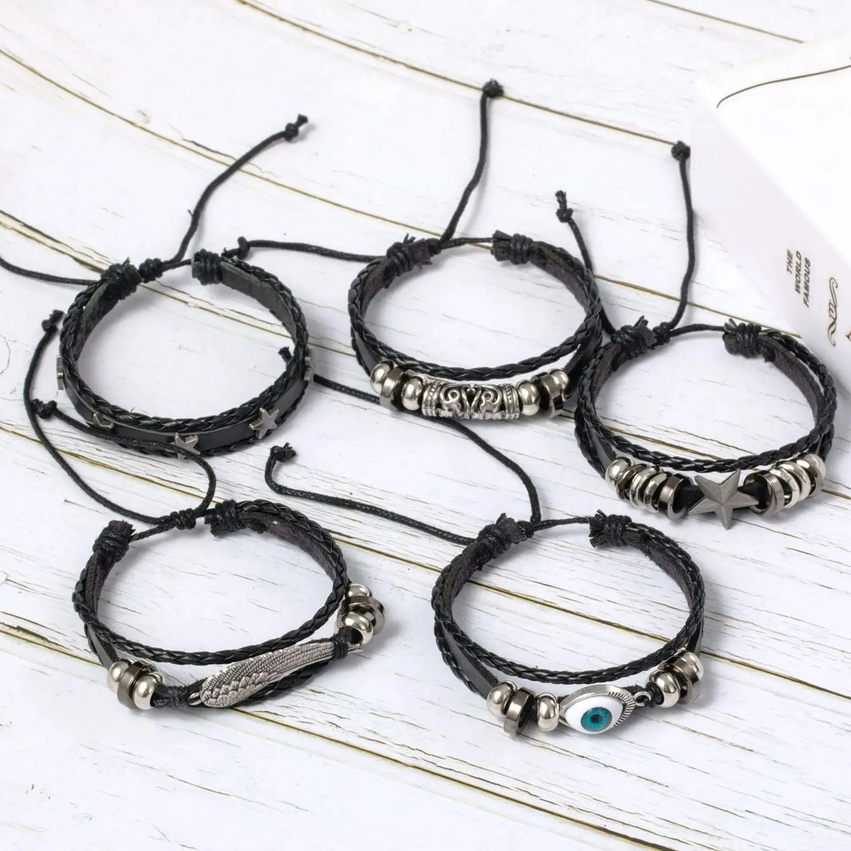 Evil Eye Bracelet Set 5pcs Wing Star Punk Leather Beaded