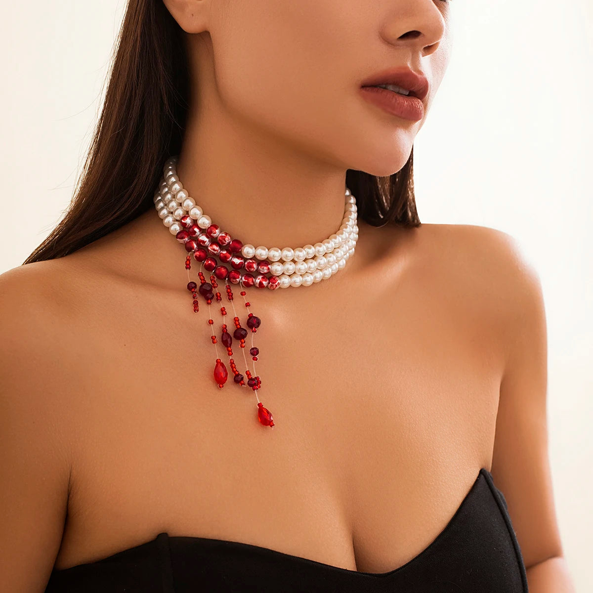 Gothic Halloween Necklace – Red Pearl Tassel Pendant Jewelry