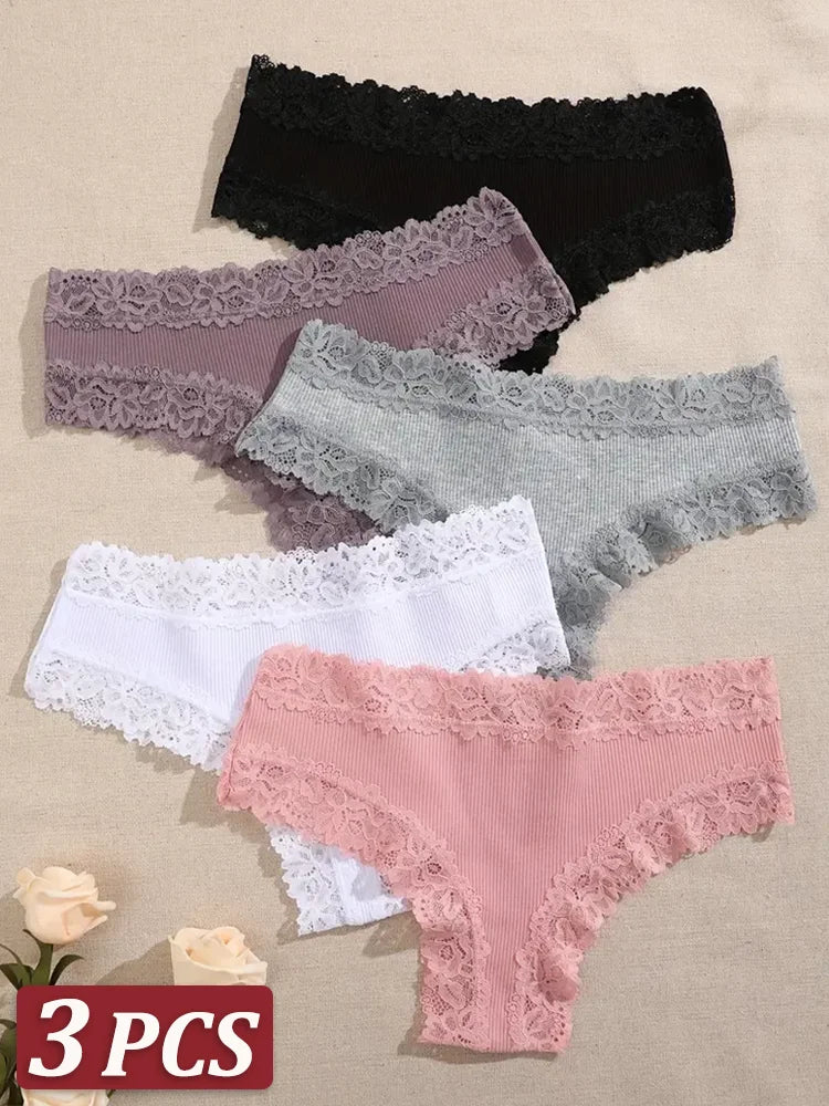 3Pcs/set Women Cotton Panties Floral Lace Intimate Underwear Trendy Patchwork Lace Briefs Female Soft Underpants Lingerie S-XL