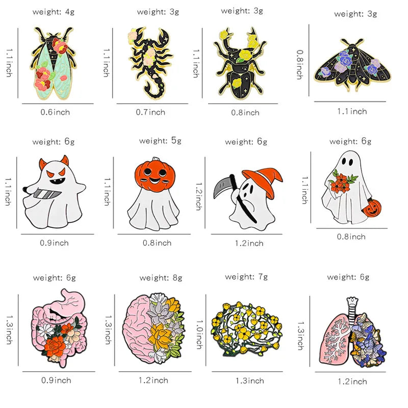 Gothic Halloween Pins Set Ghost Cat Witch Moth Punk Brooches