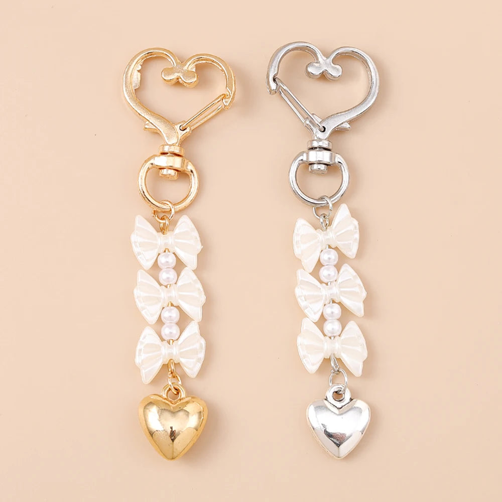 Cute Bowknot Love Heart Keychain Crystal Pearl Key Ring Pendants for Women Girls Handbag Decor DIY Handmade Key Chain Gifts