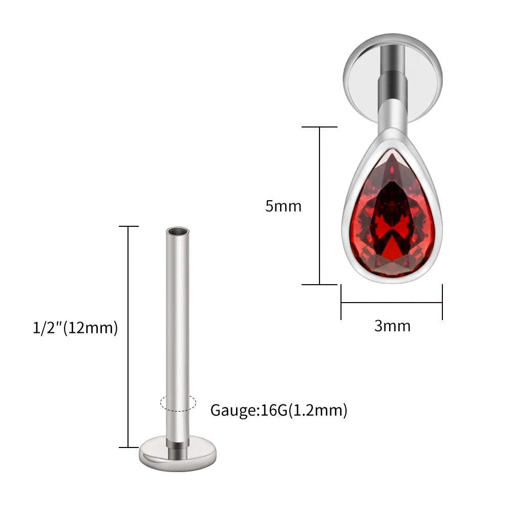 Titanium Labret Stud Teardrop Garnet CZ Cartilage Earring