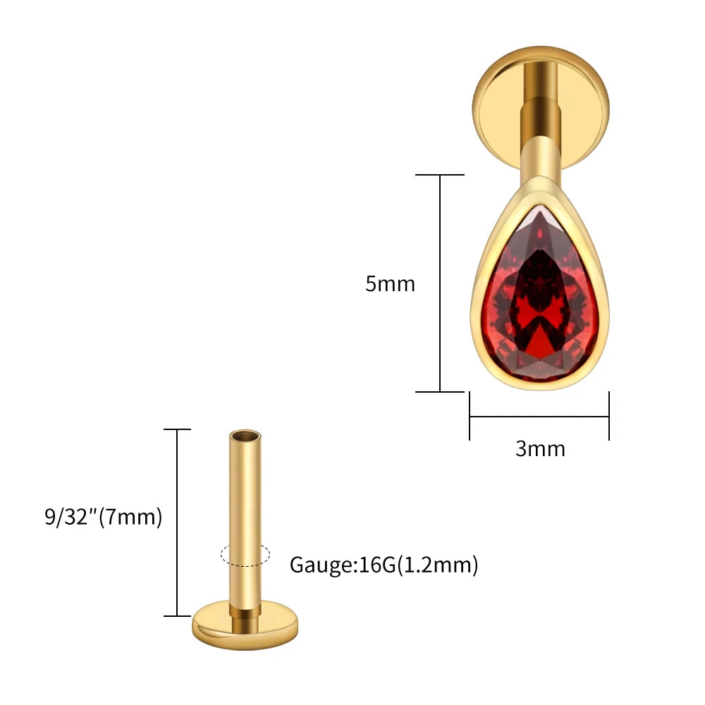 Titanium Labret Stud Teardrop Garnet CZ Cartilage Earring