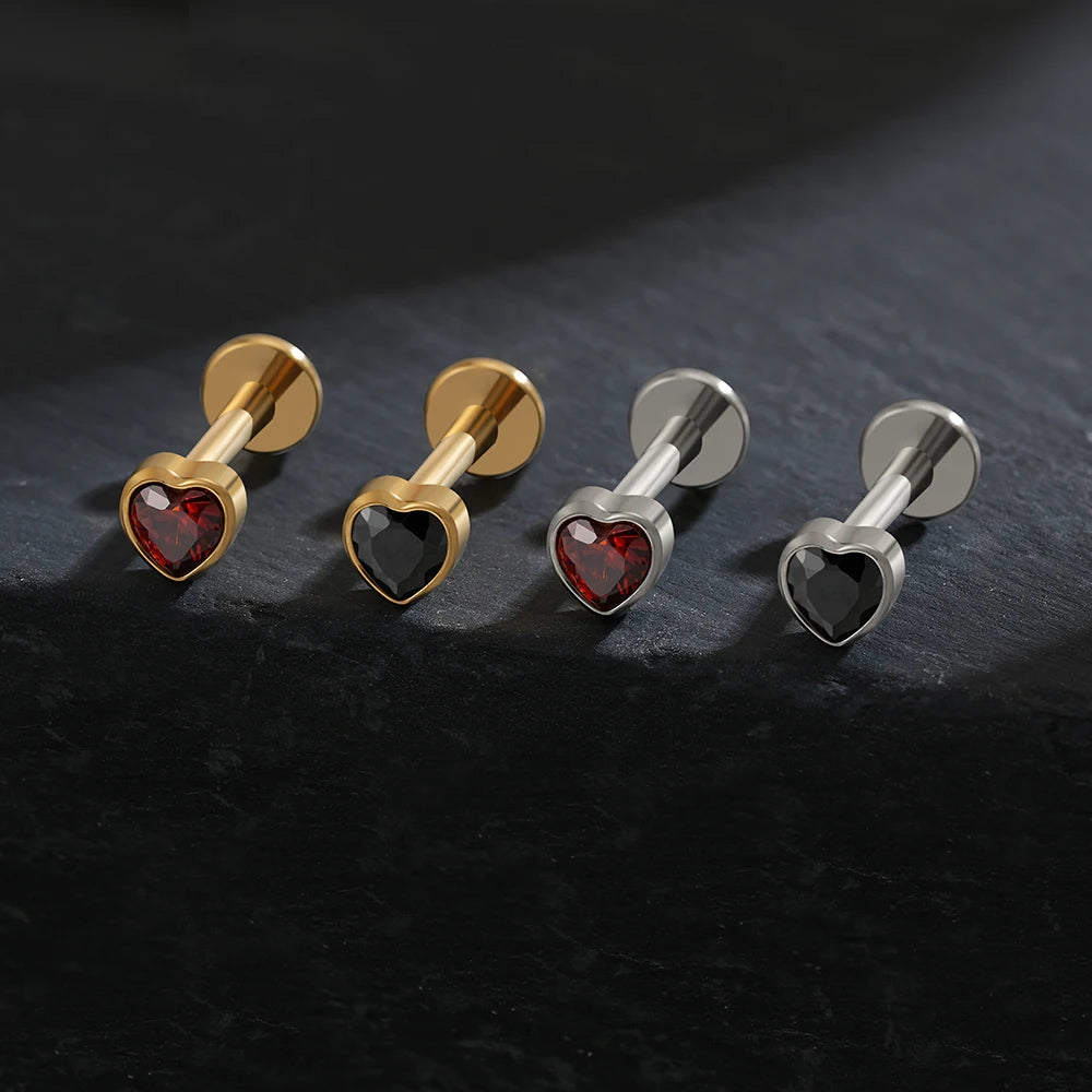 Titanium Heart Labret Stud CZ Flat Back Piercing Jewelry