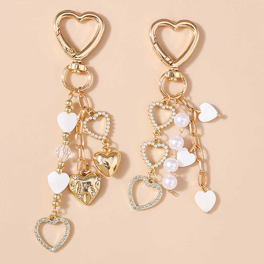 Cute Bowknot Love Heart Keychain Crystal Pearl Key Ring Pendants for Women Girls Handbag Decor DIY Handmade Key Chain Gifts