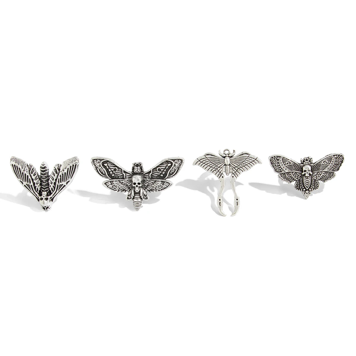 Gothic Skull Ring Set 4-Piece Butterfly Moth Punk Rings