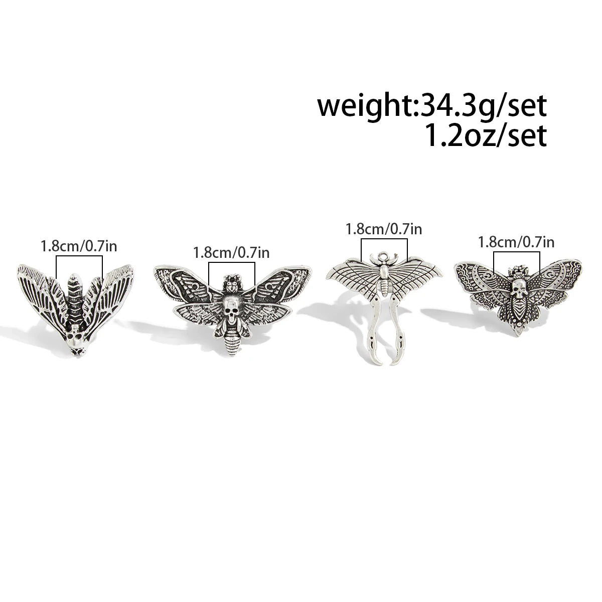 Gothic Skull Ring Set 4-Piece Butterfly Moth Punk Rings