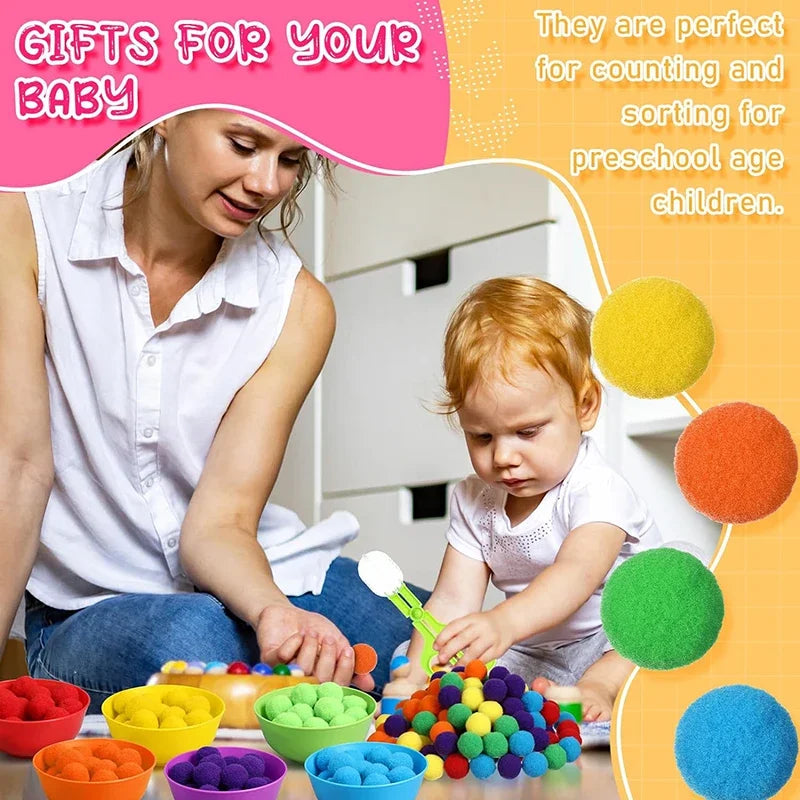 Counting and Sorting Toy with Rainbow Pom Poms & Tweezers