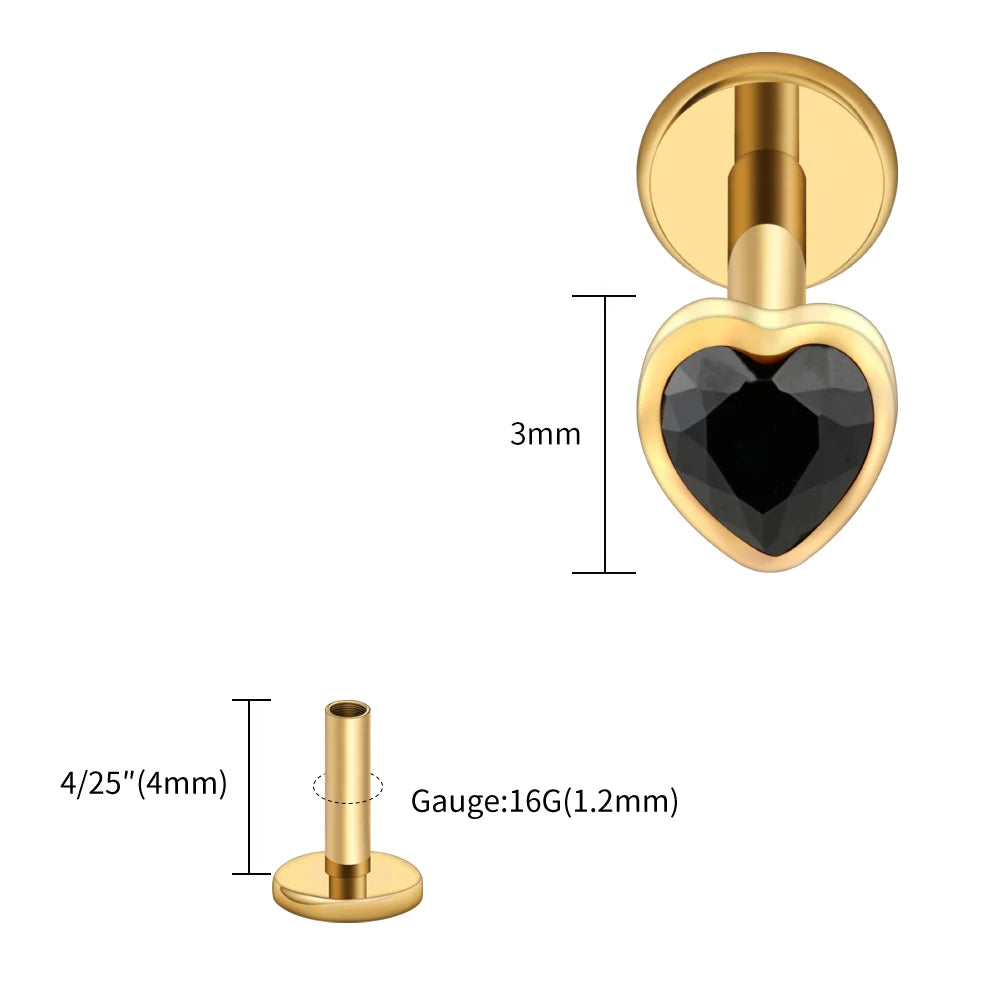 Titanium Heart Labret Stud CZ Flat Back Piercing Jewelry