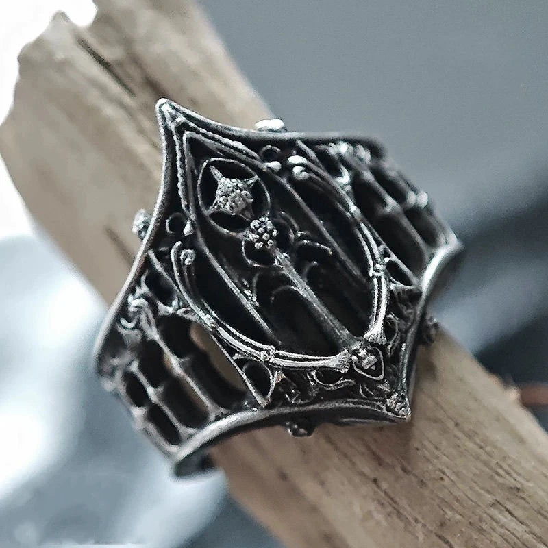 Gothic Castle Ring Silver Crown Design for Halloween & Parties