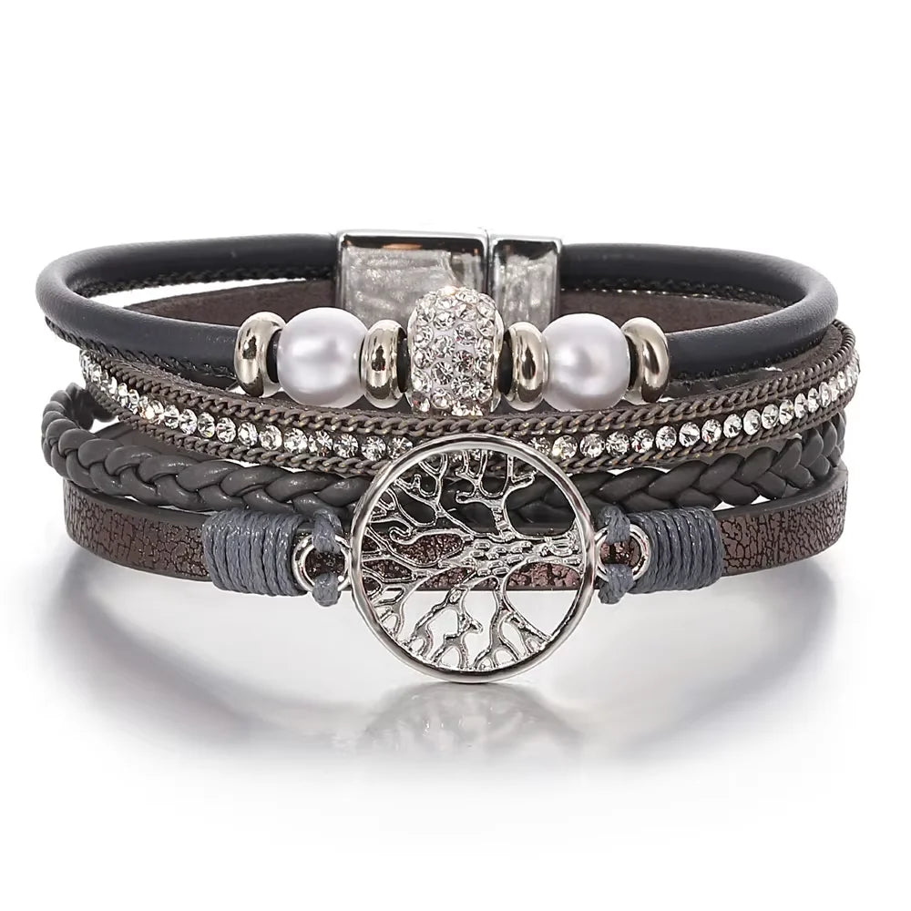 Tree of Life Bracelet Rhinestone Beaded Leather Wrap for Women