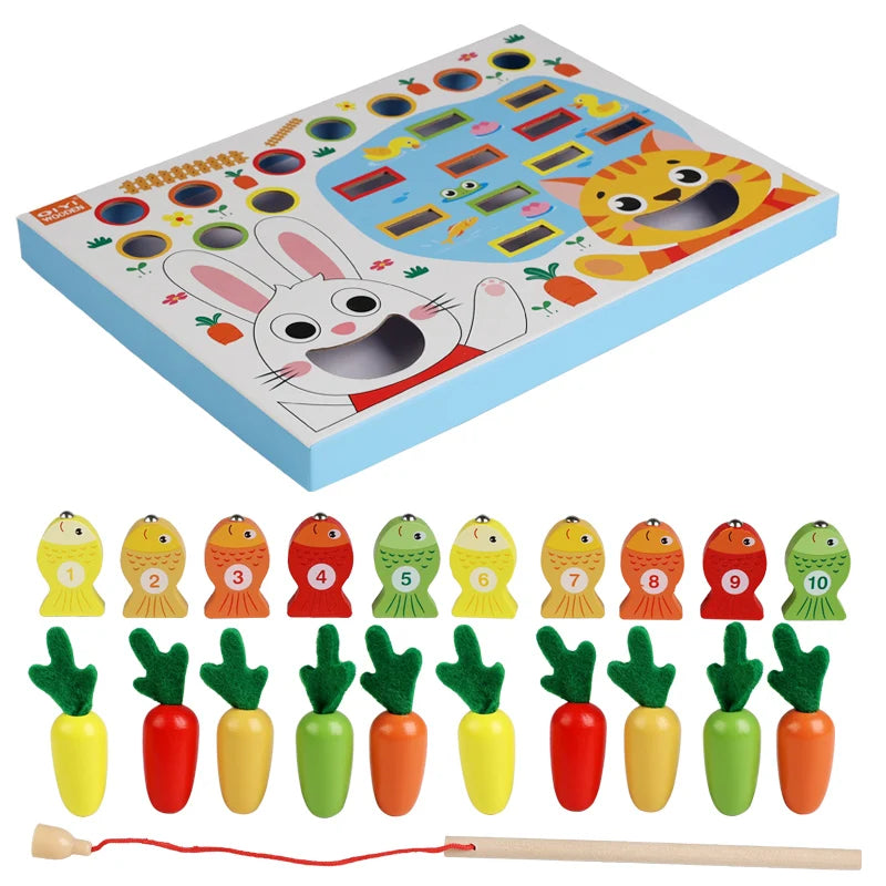 Montessori Toddler Toy – Wooden Carrot Pulling & Fishing Game Set