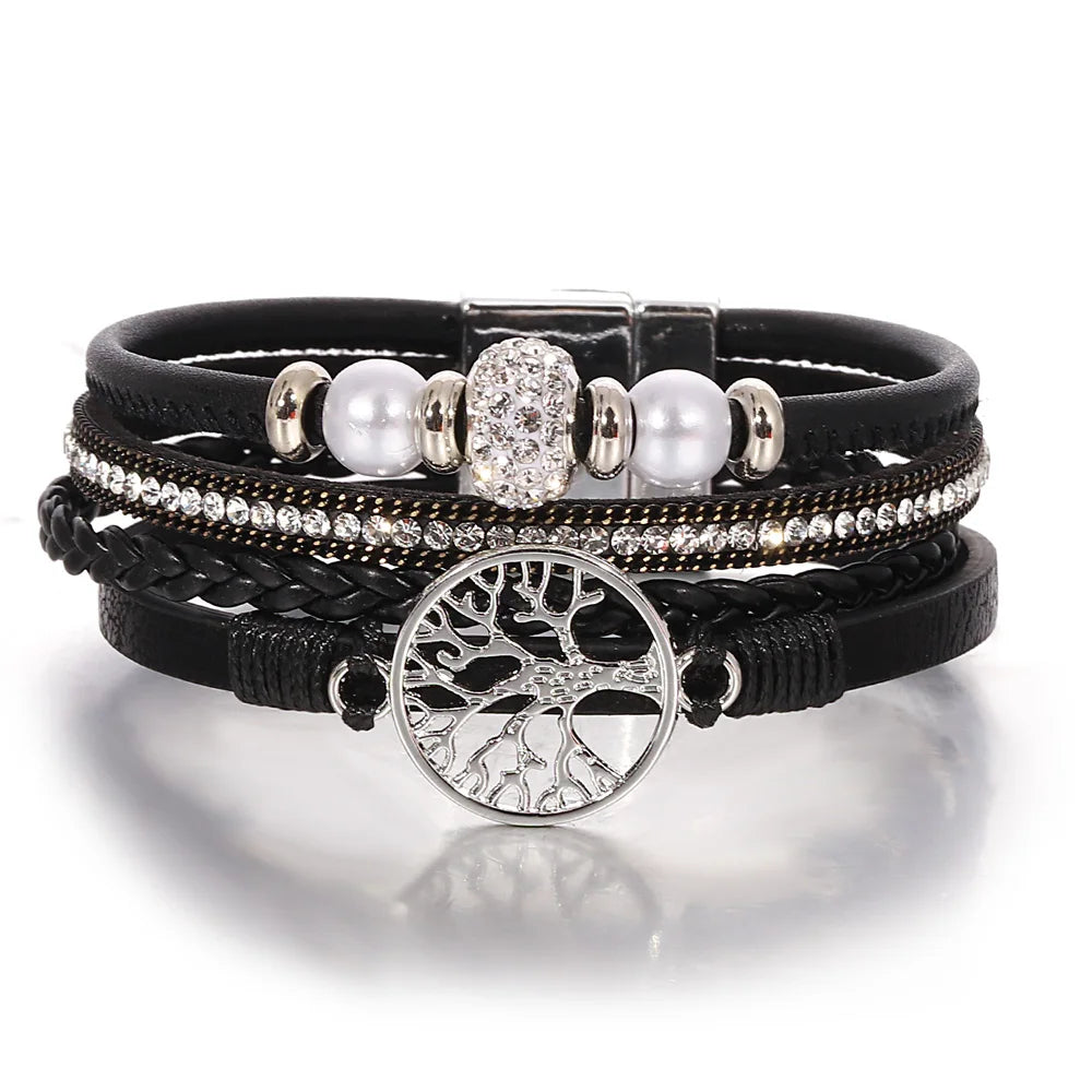 Tree of Life Bracelet Rhinestone Beaded Leather Wrap for Women