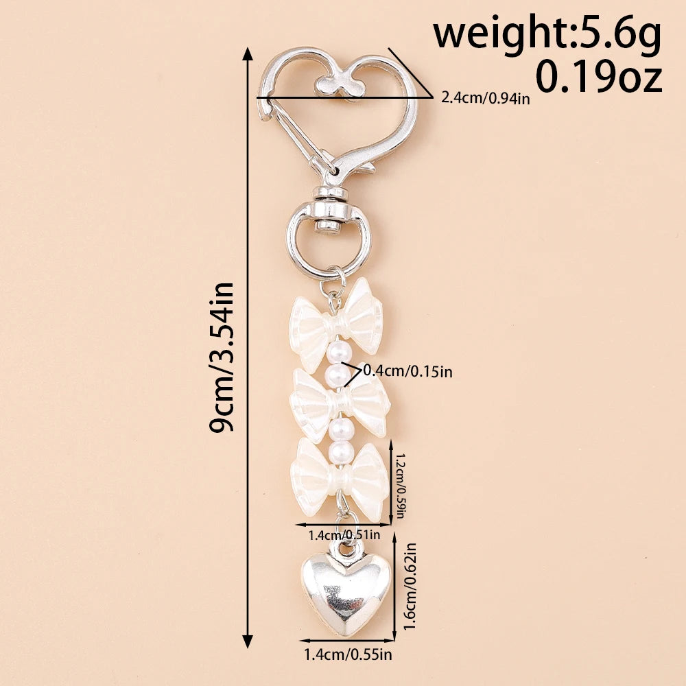 Cute Bowknot Love Heart Keychain Crystal Pearl Key Ring Pendants for Women Girls Handbag Decor DIY Handmade Key Chain Gifts