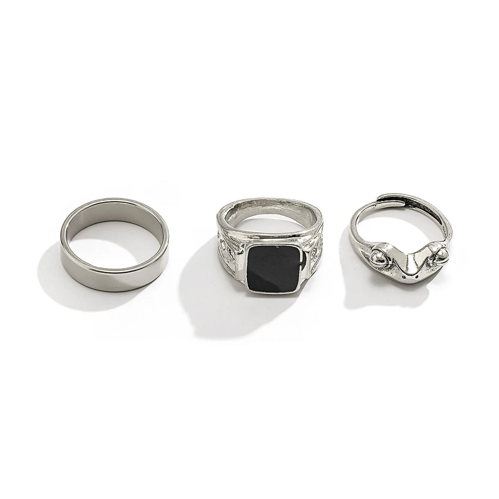KunJoe Men's Stainless Steel 3pcs/set Square Oil Drip Ring Sets Gothic Punk Silver Color Metal Rings Halloween Party Jewelry