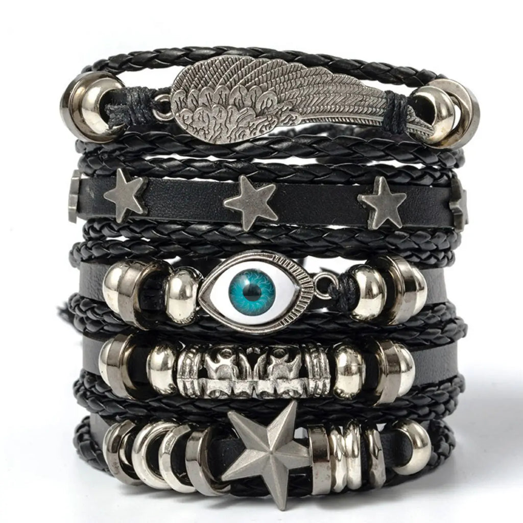 Evil Eye Bracelet Set 5pcs Wing Star Punk Leather Beaded