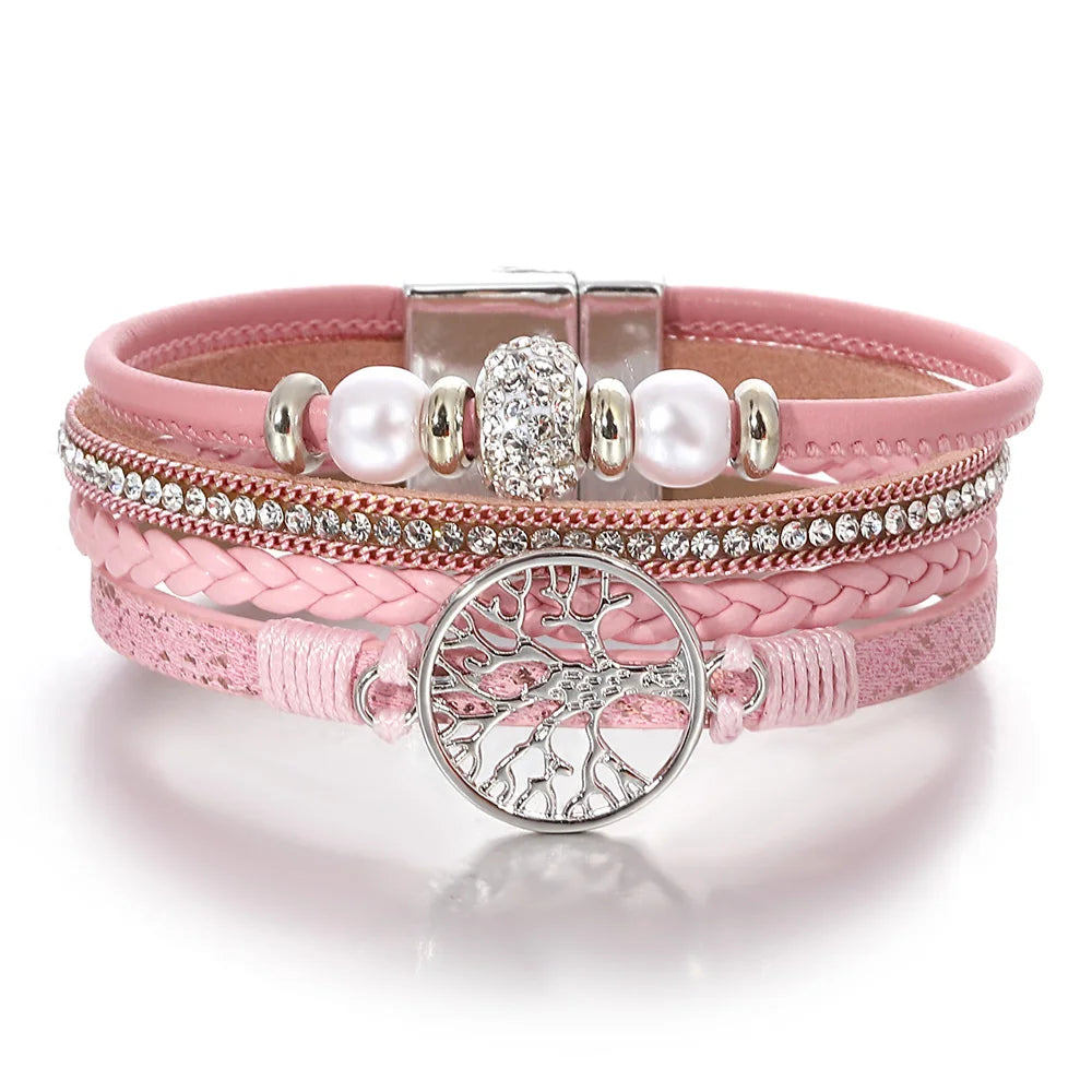 Tree of Life Bracelet Rhinestone Beaded Leather Wrap for Women