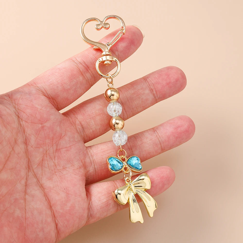 Cute Bowknot Love Heart Keychain Crystal Pearl Key Ring Pendants for Women Girls Handbag Decor DIY Handmade Key Chain Gifts