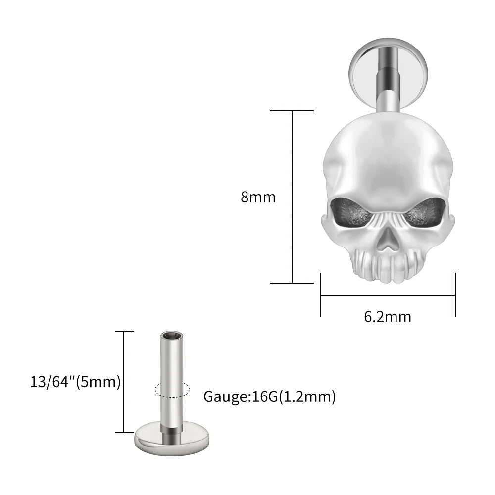 Right Grand ASTM F136 Titanium Skull Tragus Piercing 16G Skeleton Cartilage Helix Stud Earring Gothic Halloween Jewelry