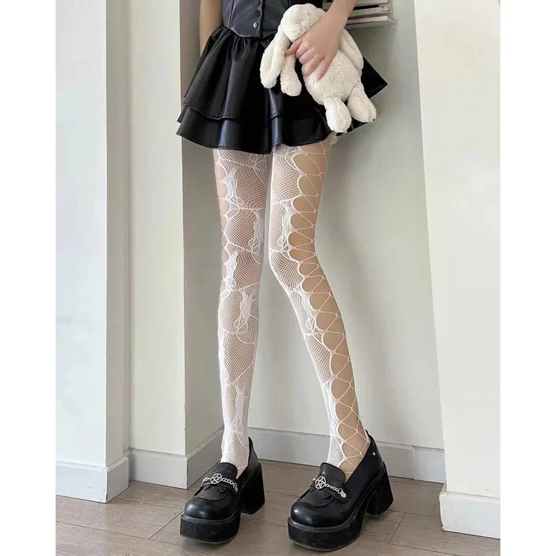 Women's Fishnet Stockings, Patterned High Waist Fishnet Tights, Fishnet Hollow Floral Thigh High Pantyhose
