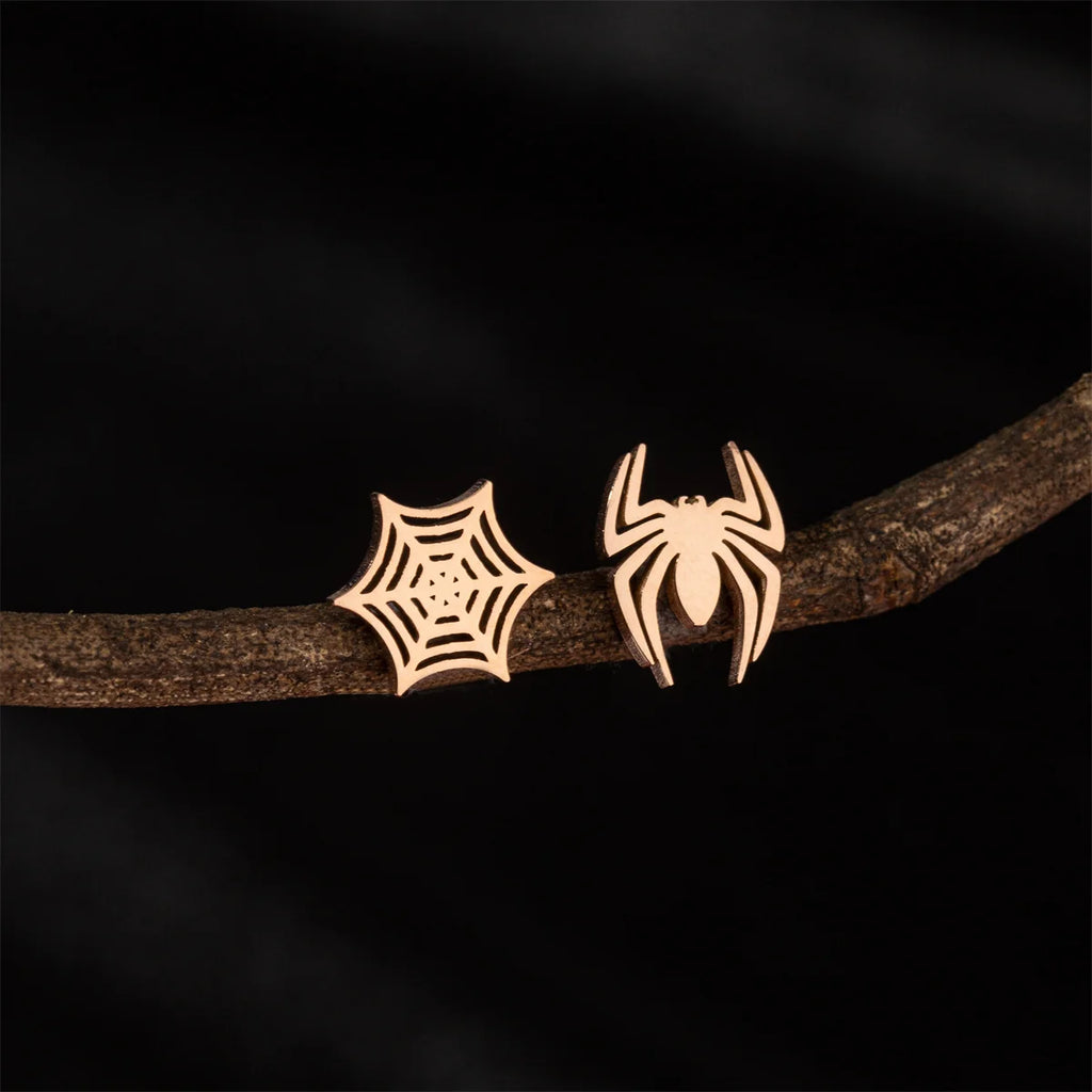 Spider Web Stud Earrings Black Gothic Stainless Steel