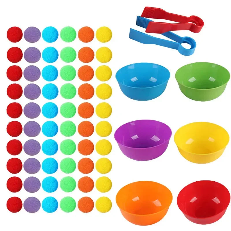 Counting and Sorting Toy with Rainbow Pom Poms & Tweezers