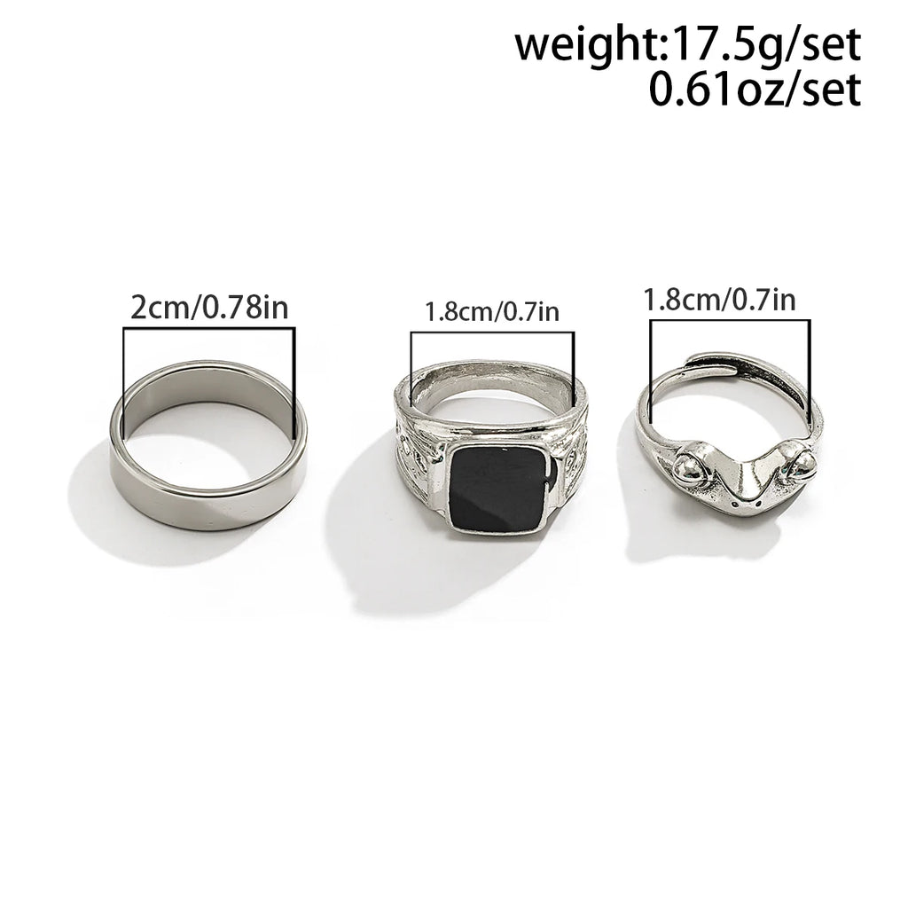 KunJoe Men's Stainless Steel 3pcs/set Square Oil Drip Ring Sets Gothic Punk Silver Color Metal Rings Halloween Party Jewelry