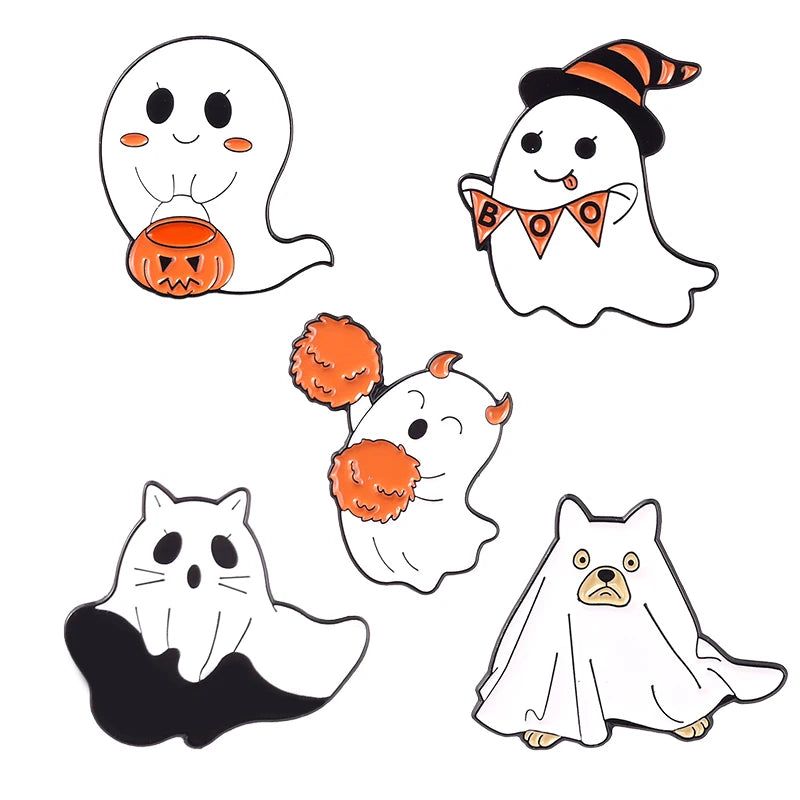 Gothic Halloween Pins Set Ghost Cat Witch Moth Punk Brooches
