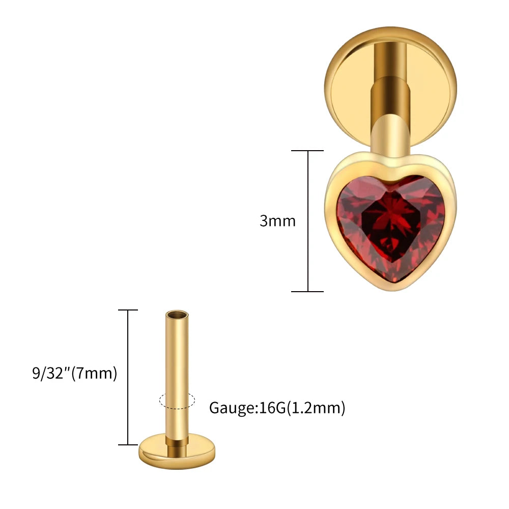 Titanium Heart Labret Stud CZ Flat Back Piercing Jewelry