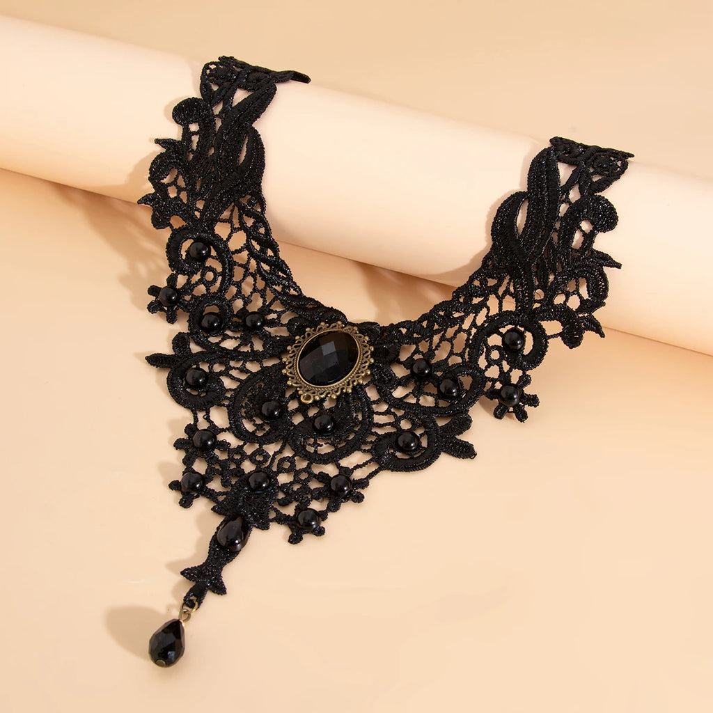 Gothic Lace Choker Black Punk Necklace Red Drop Pendant