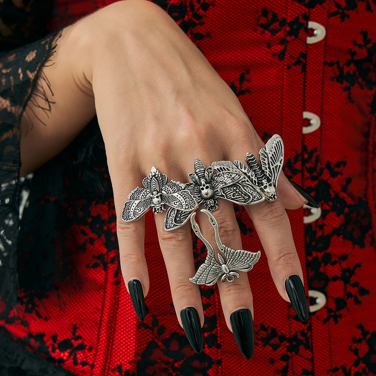 Gothic Skull Ring Set 4-Piece Butterfly Moth Punk Rings