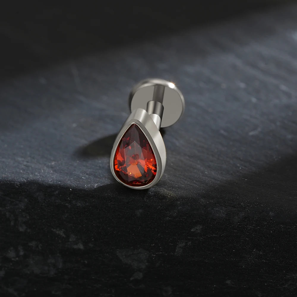 Titanium Labret Stud Teardrop Garnet CZ Cartilage Earring