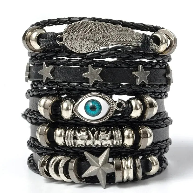 Evil Eye Bracelet Set 5pcs Wing Star Punk Leather Beaded