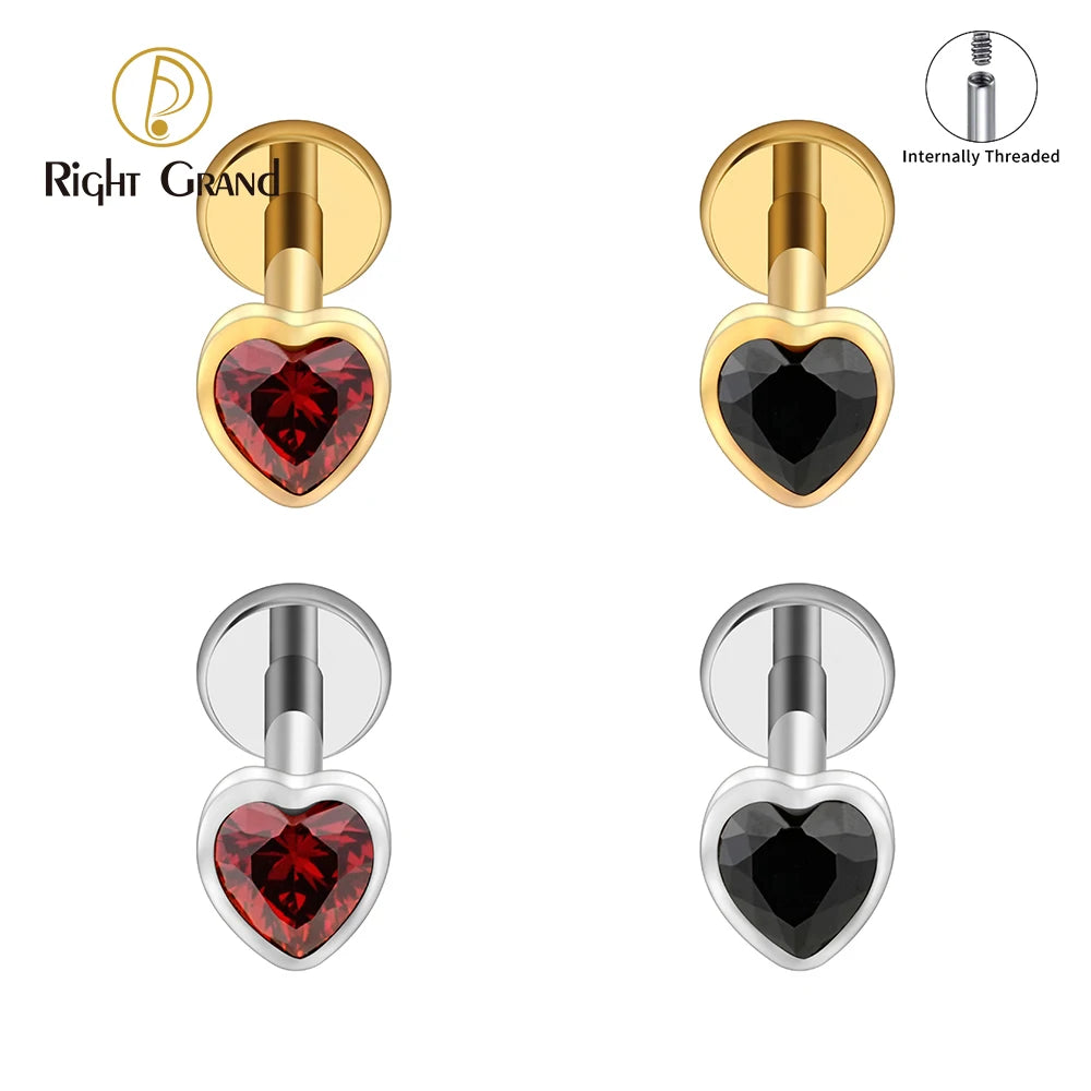 Titanium Heart Labret Stud CZ Flat Back Piercing Jewelry