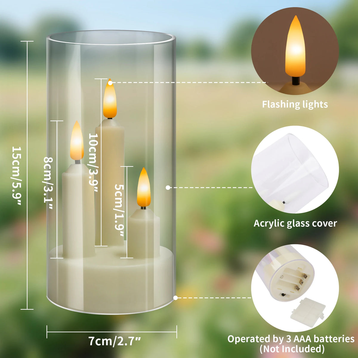 3in1 Flameless Taper Short Candles with Acrylic Lampshade Battery Operated LED Pillar Flickering Candles for Wedding Halloween