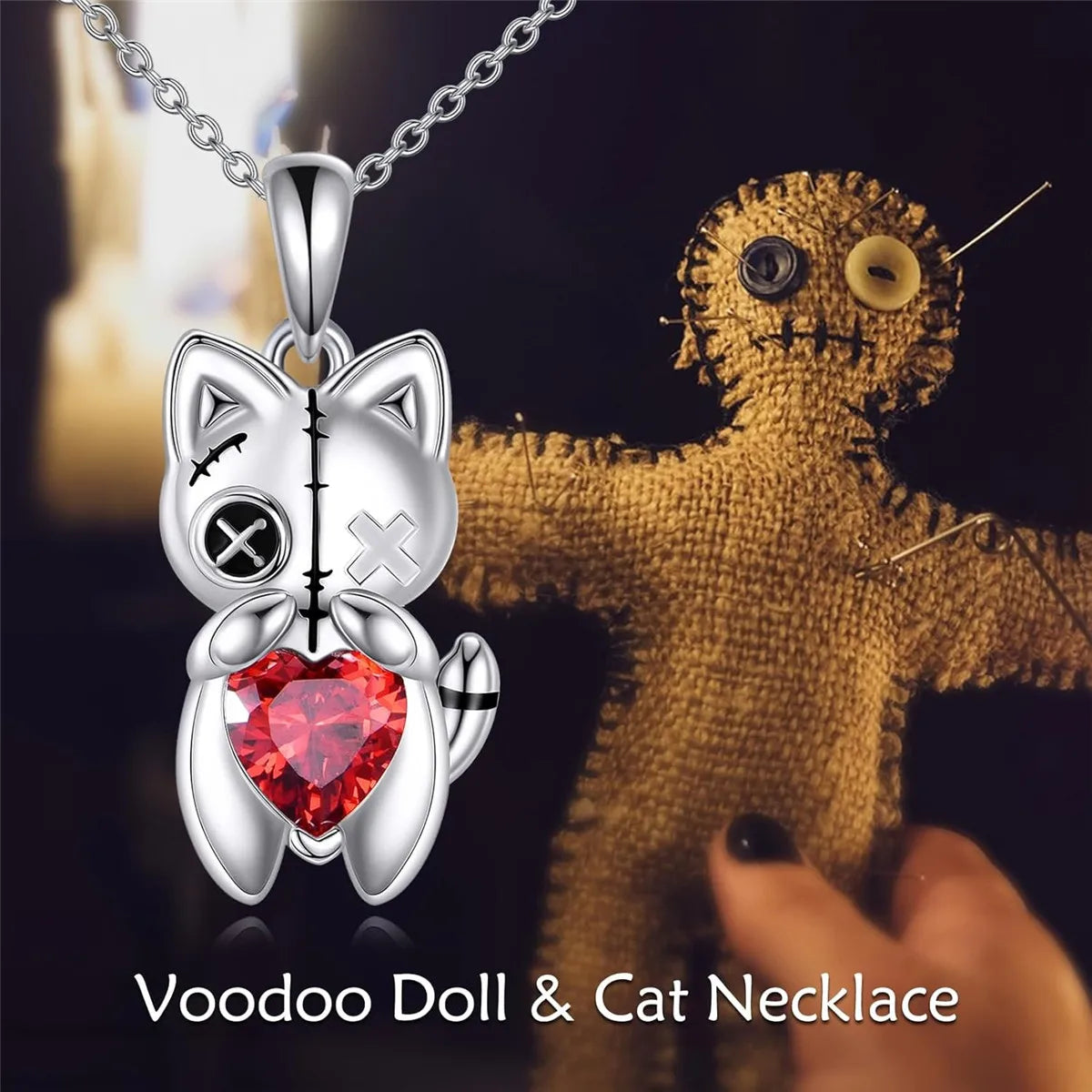 Cat Voodoo Doll Necklace for Women Red Heart Halloween Jewelry