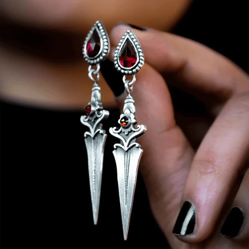 Gothic Sword Earrings for Women Red Stone Vintage Drop Jewelry